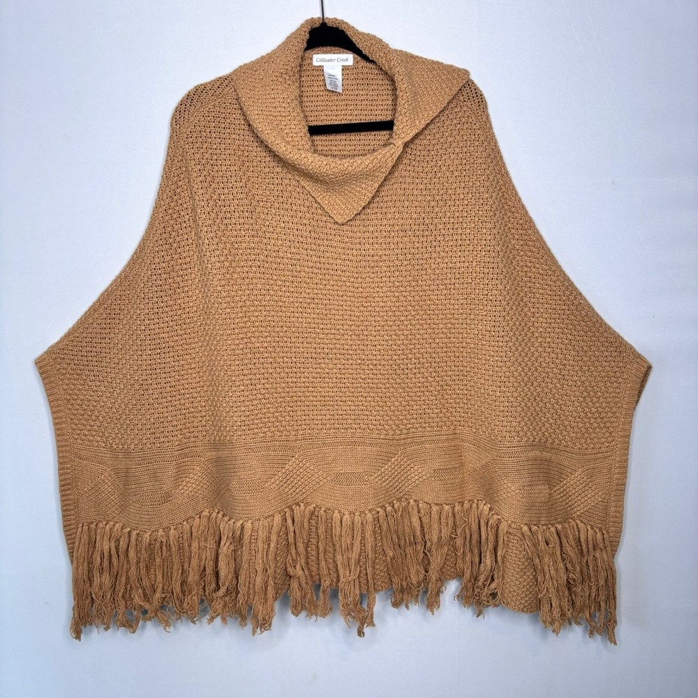 Coldwater Creek Knit Poncho Fringe Cowl Neck‎ Tan Wool Blend Womens One Size